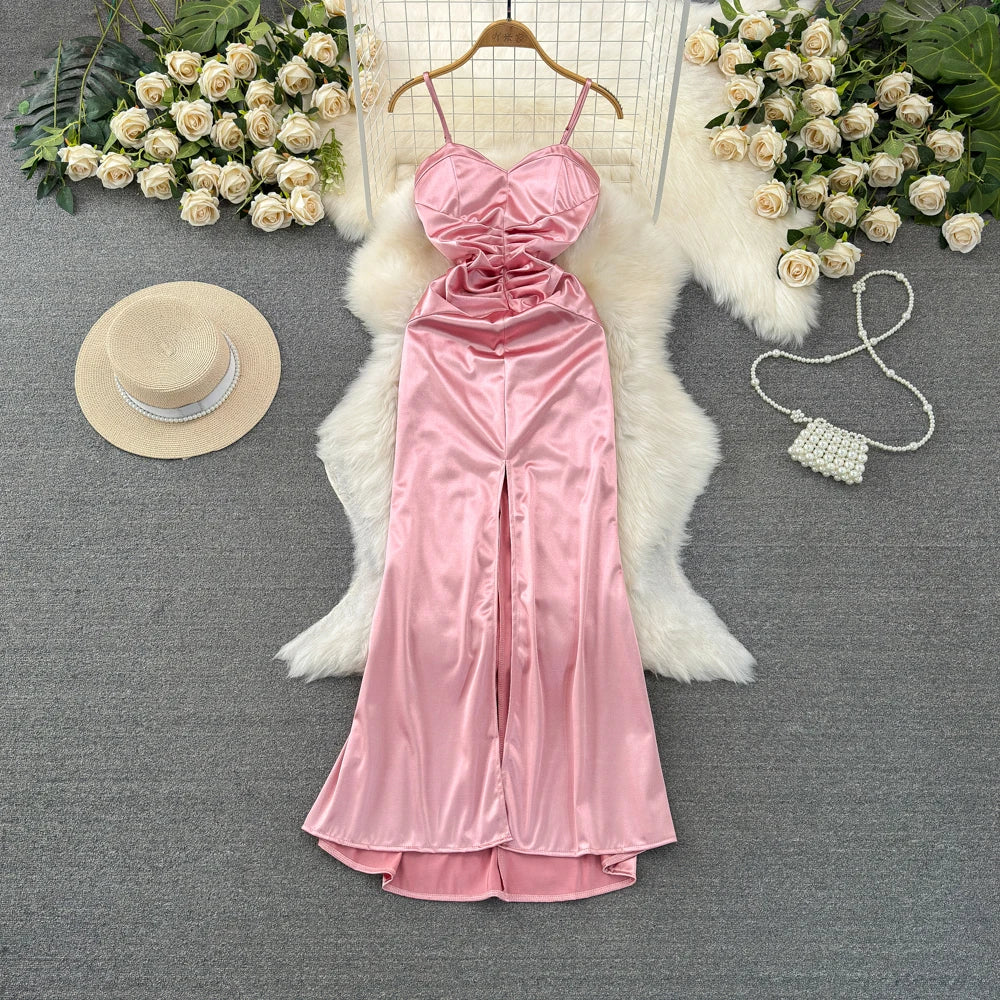 Elegant Halter Pink Satin Print Long Prom Dress Evening Dress Y8454 main image 1