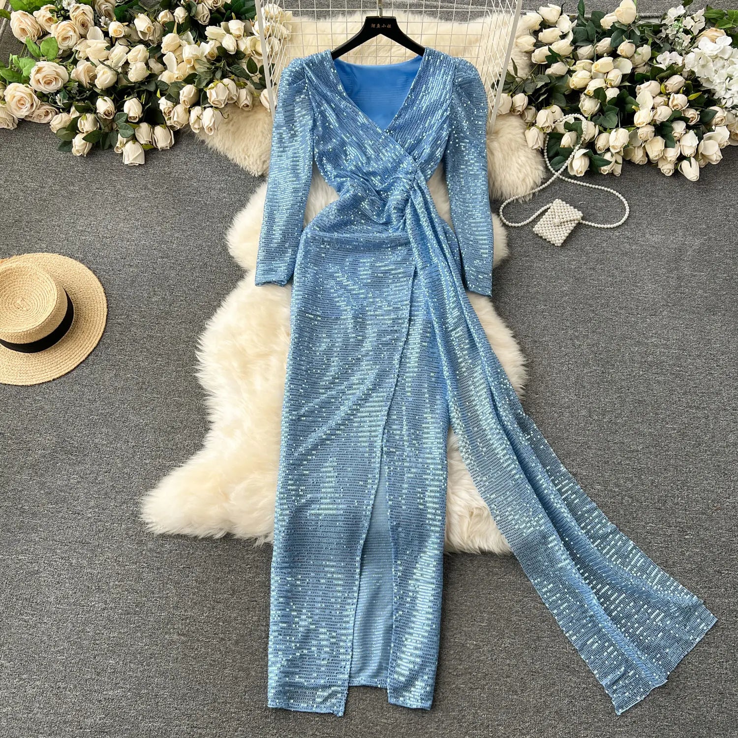 Elegant Blue Chiffon Evening Gown with Embellished Long Sleeves