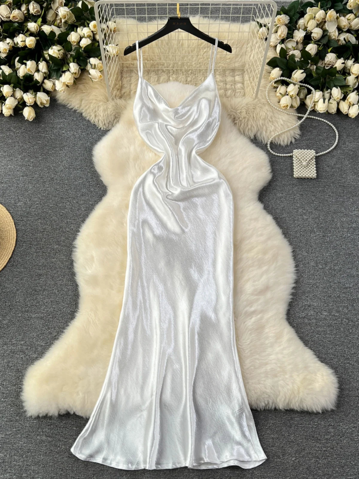 Women's O-Neck Satin Evening Dress Simple White Cocktail Dress Y6894