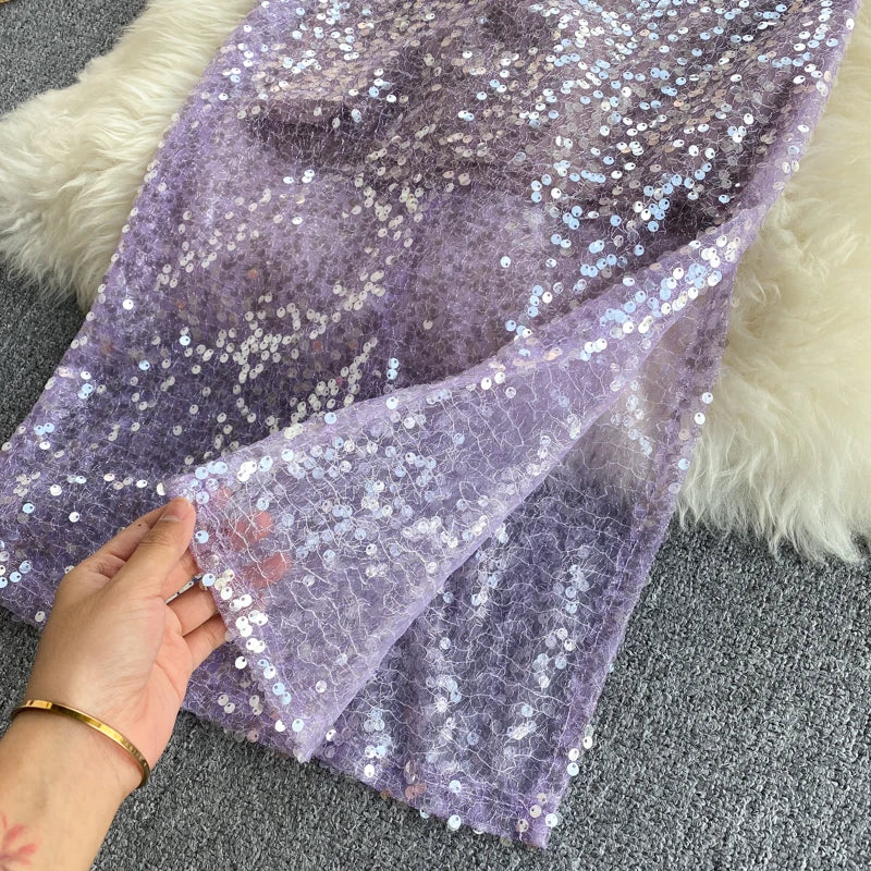 Classy Lavender Chiffon Sequin Spaghetti Strap Slit Party Gown Prom Dress cc3024 main image 0