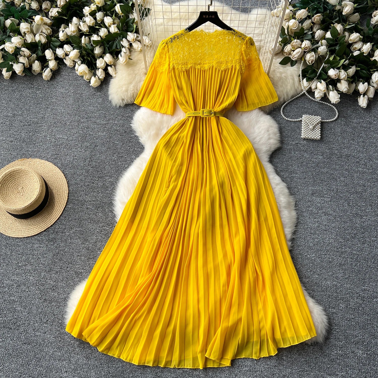 Vibrant Yellow Pleated Maxi Dress With Belt on Luulla