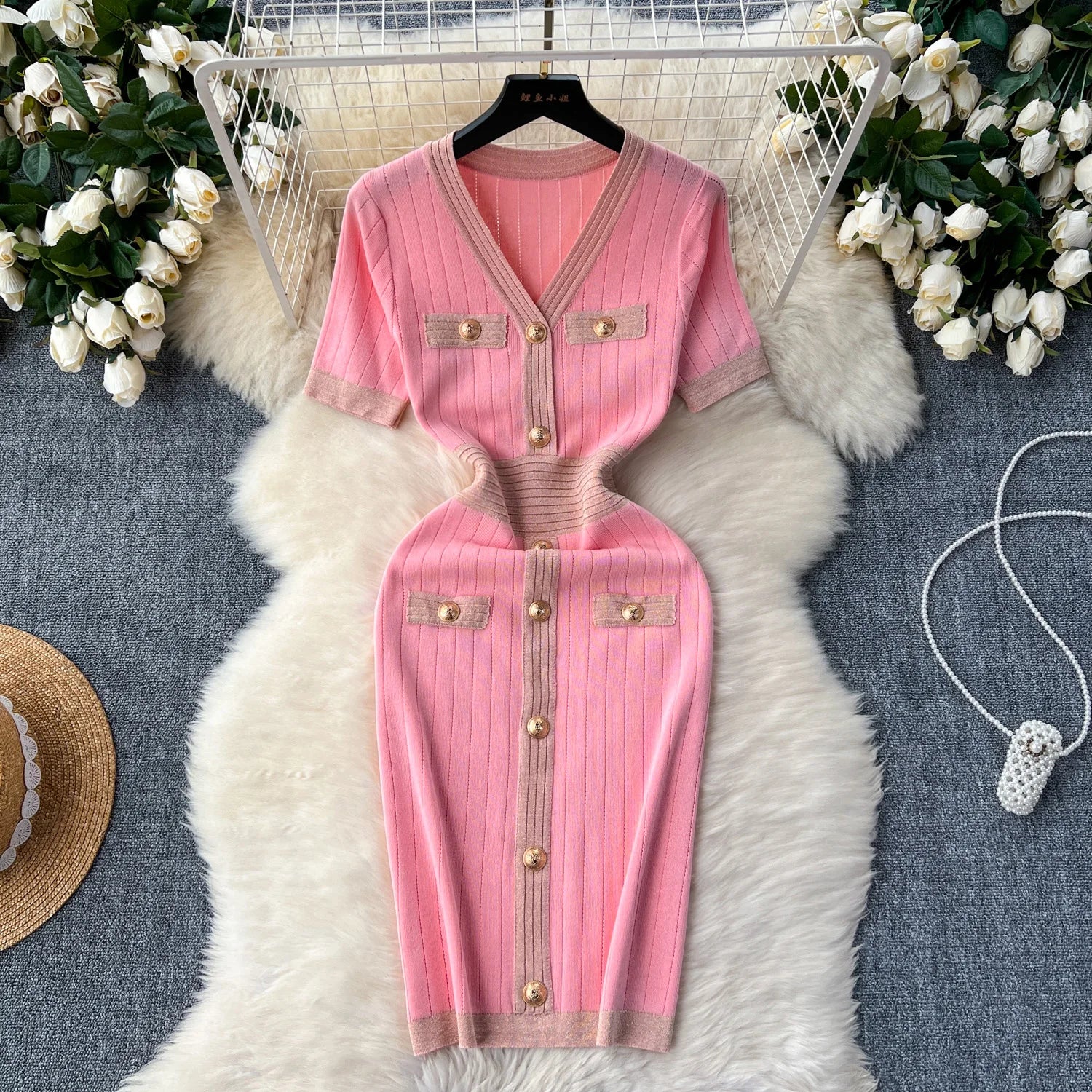 Pink Ribbed Knit Dress With Gold Buttons on Luulla