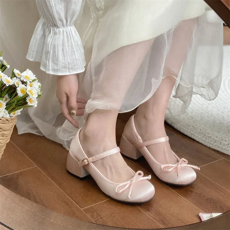 Pink Mary Jane Block Heel Bow Shoes on Luulla