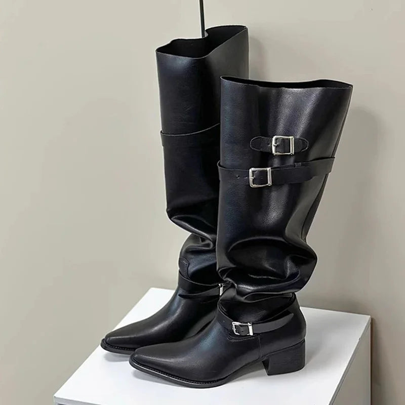 Black Genuine Leather Knee-high Riding Boots on Luulla