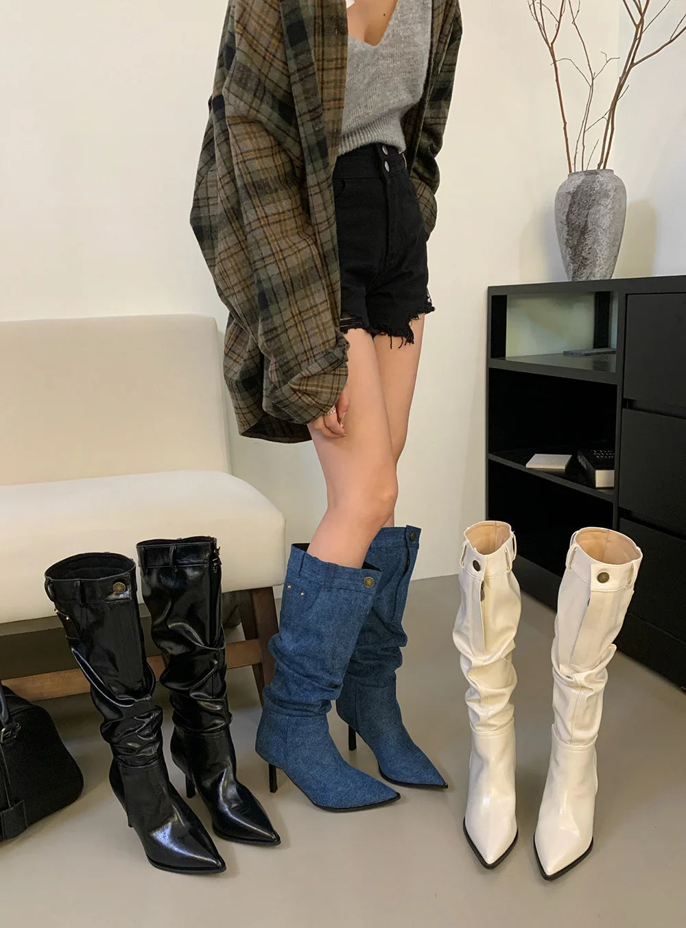 Versatile High Knee Denim And Leather Boots on Luulla