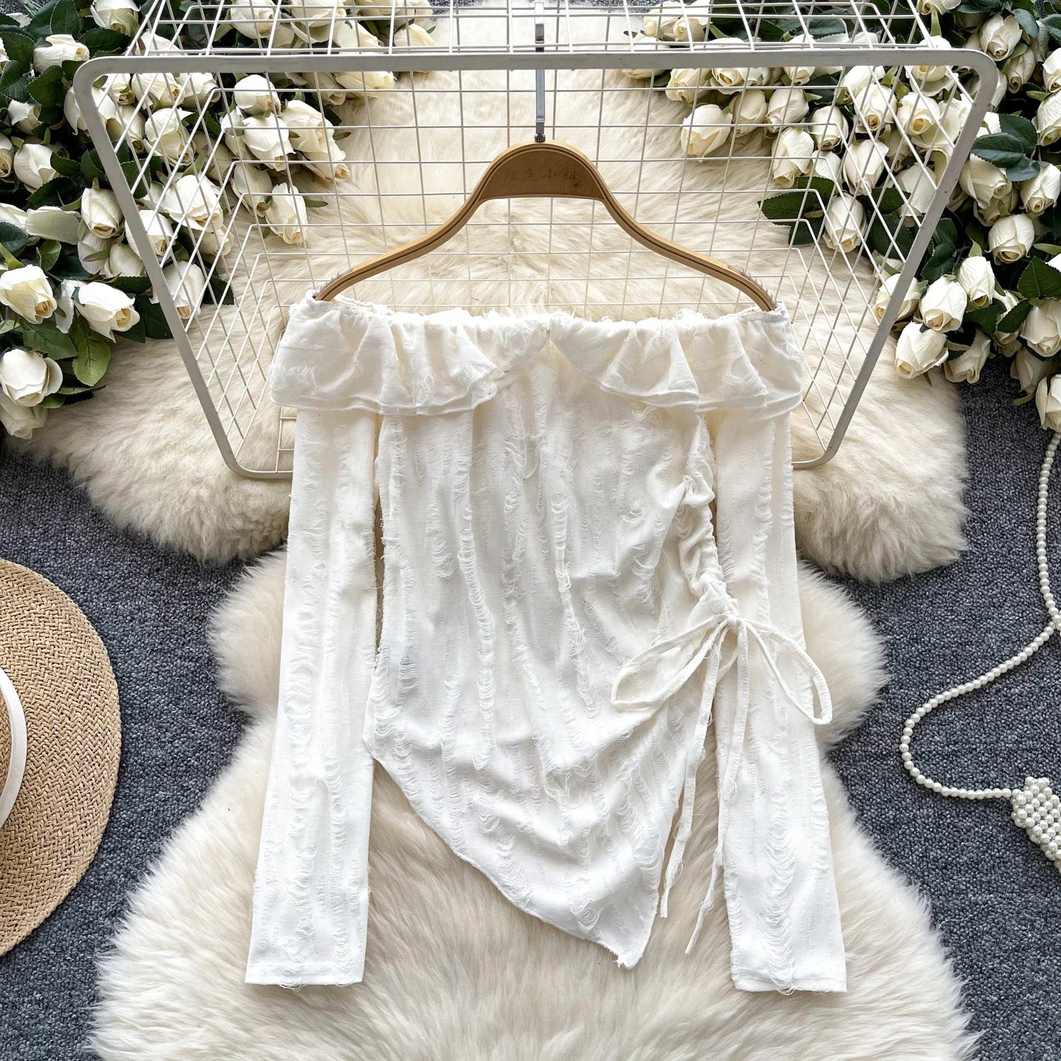 White Drawstring Off Shoulder Blouse main image 0