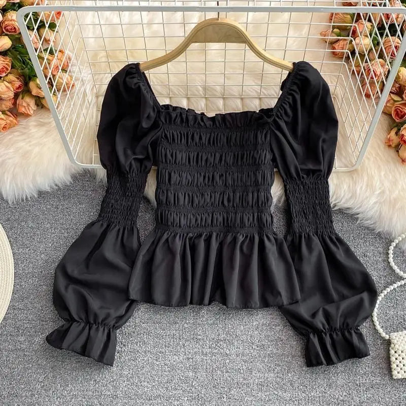 Sparkling Puff Sleeve Top Black Silver