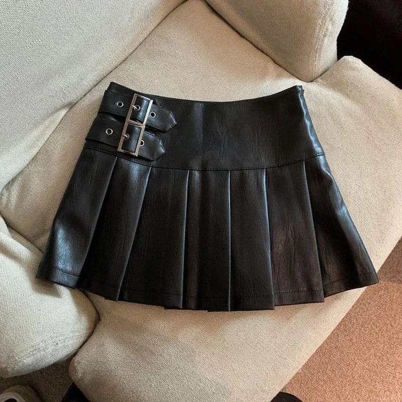 Faux Leather Stitch Down Pleated Skirt-Black
